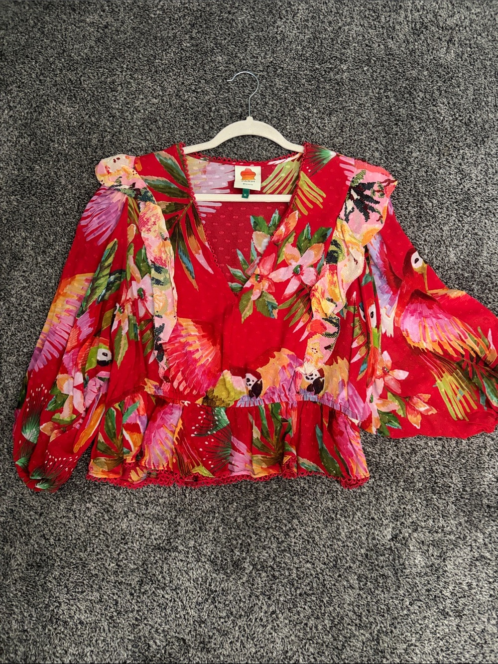 FARM Rio Red Tropical Parrot Ruffle V-Neck Blouse